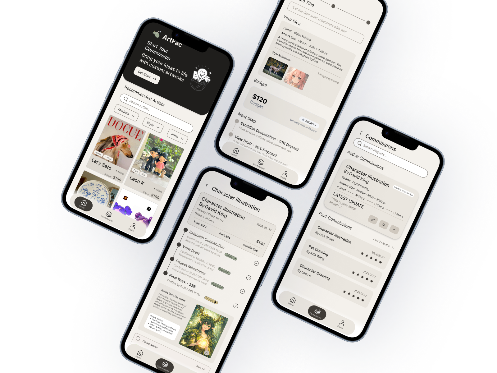 ArtFac mobile app screens for a custom art commission marketplace