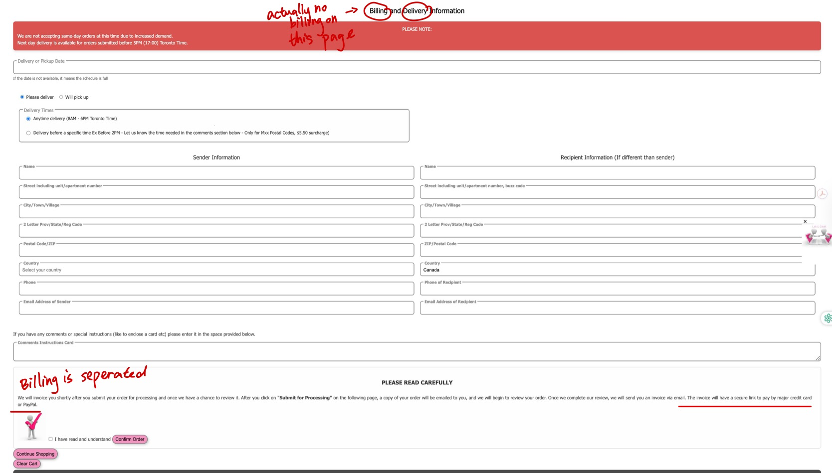 Annotated audit screenshot of original Toronto Cupcake delivery form issues