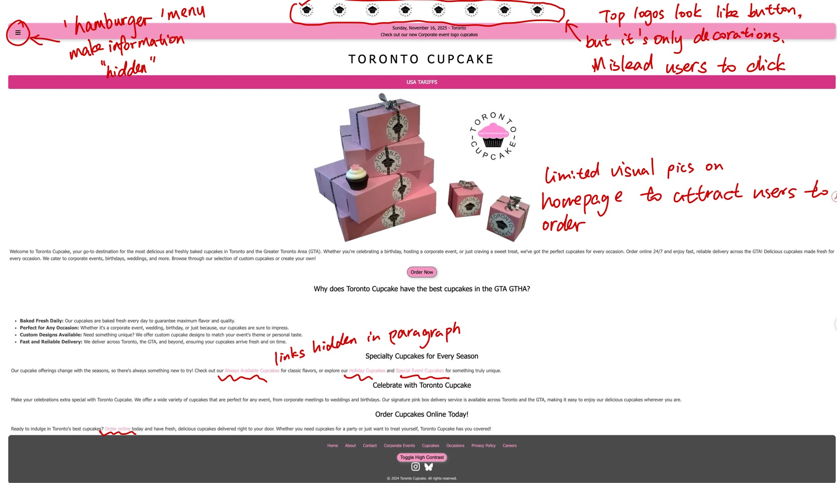 Annotated audit screenshot of original Toronto Cupcake homepage issues