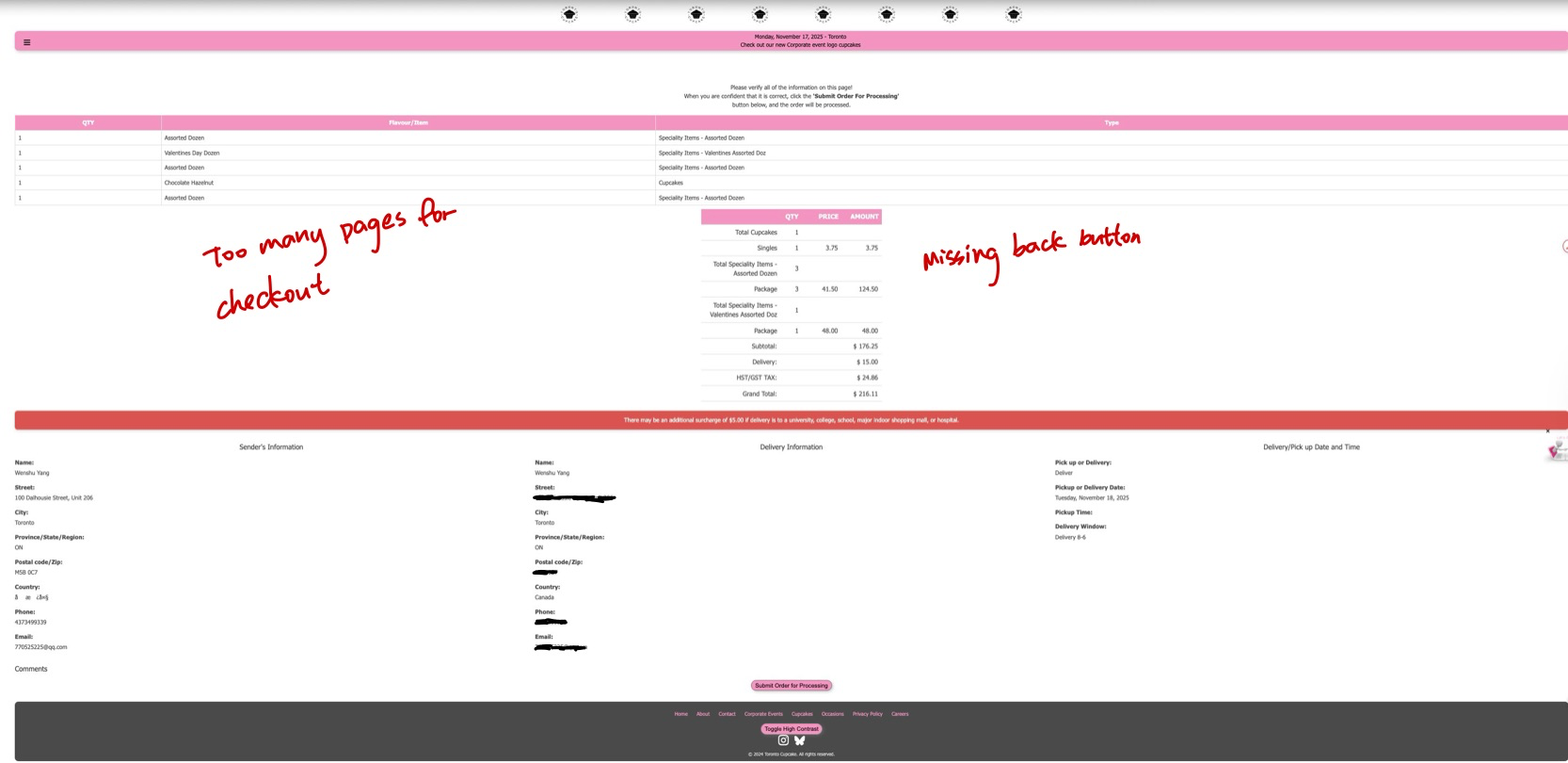 Annotated audit screenshot of original Toronto Cupcake processing page issues