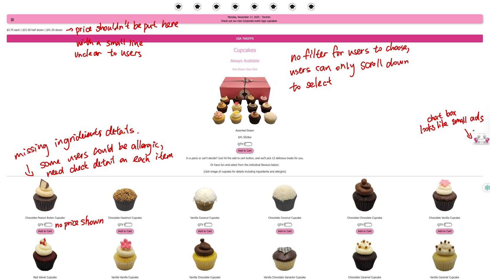Annotated audit screenshot of original Toronto Cupcake product browsing issues