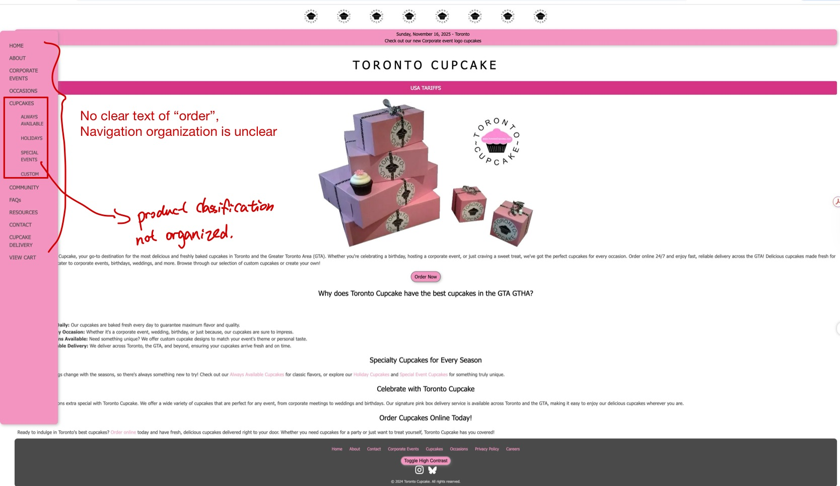 Annotated audit screenshot of original Toronto Cupcake side navigation issues
