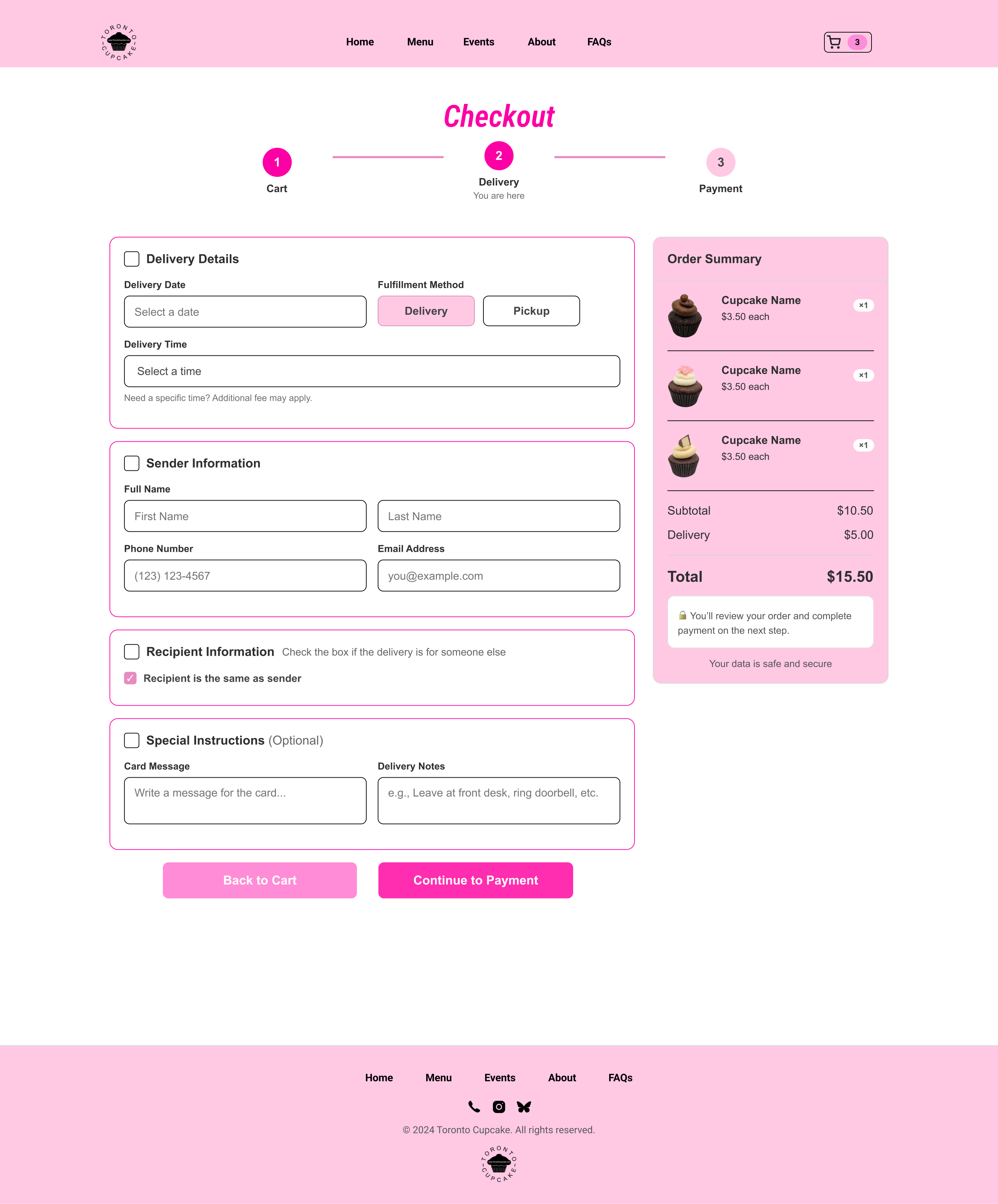 Toronto Cupcake redesigned checkout delivery form screen