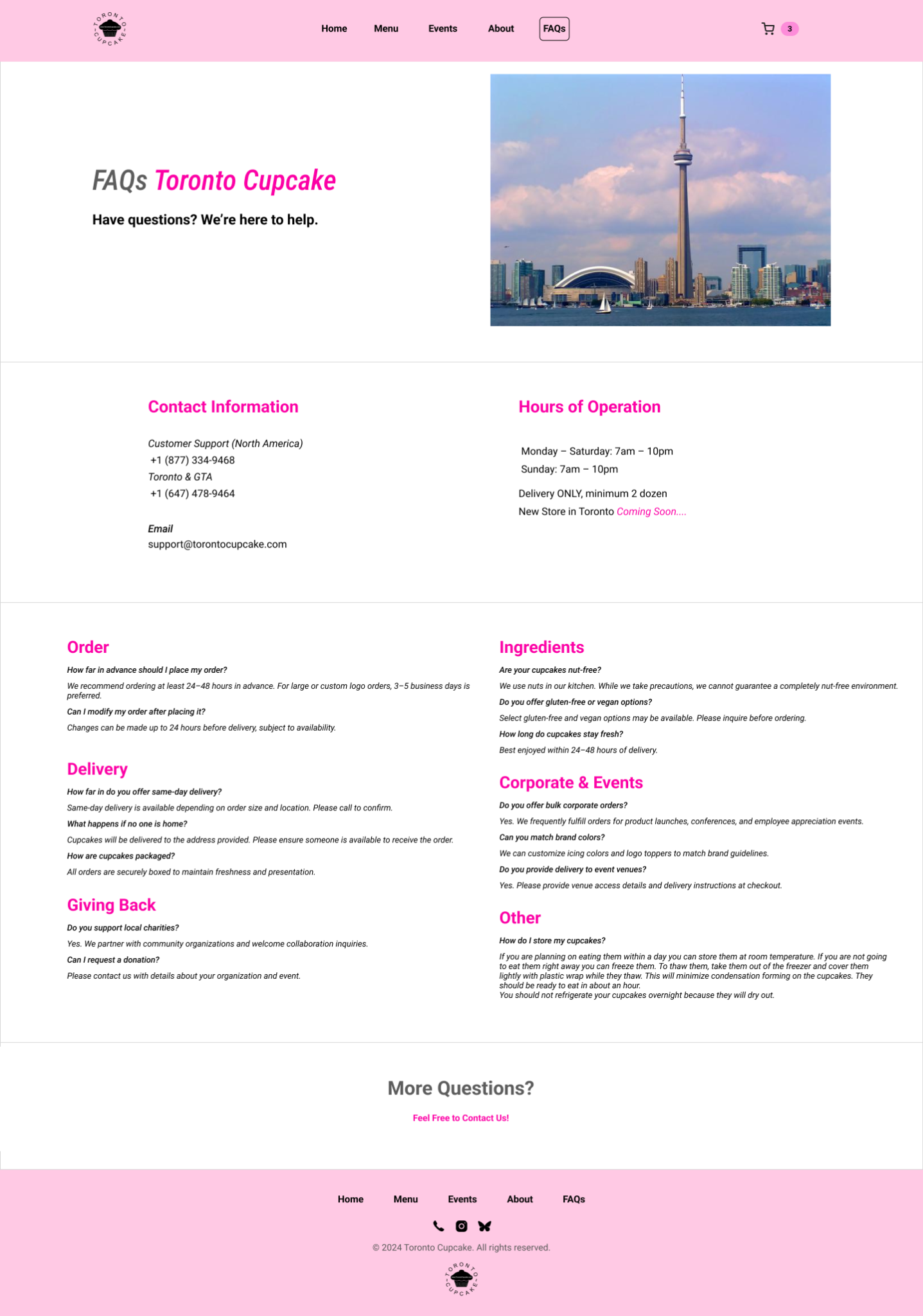 Toronto Cupcake redesigned FAQs page preview