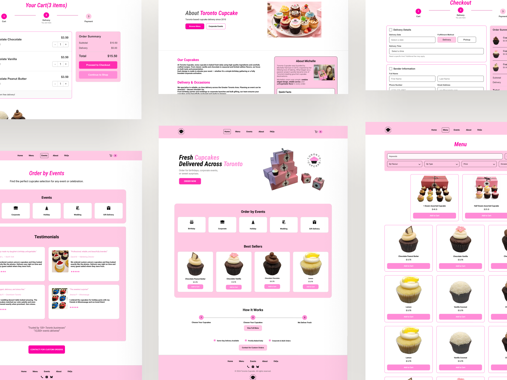 Toronto Cupcake redesigned e-commerce screens for cart, about, checkout, events, home, and menu