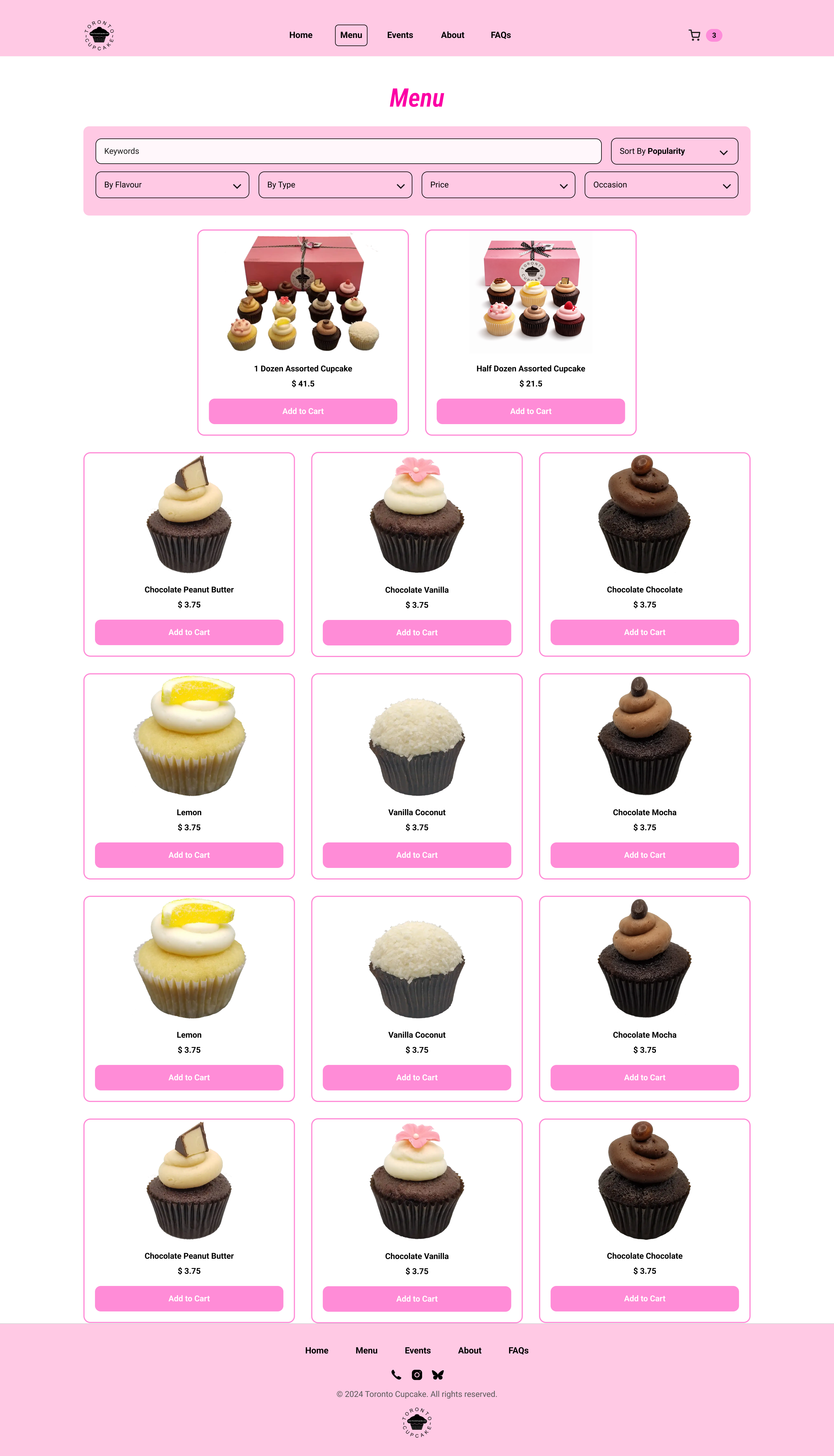 Toronto Cupcake redesigned menu browsing screen with filters