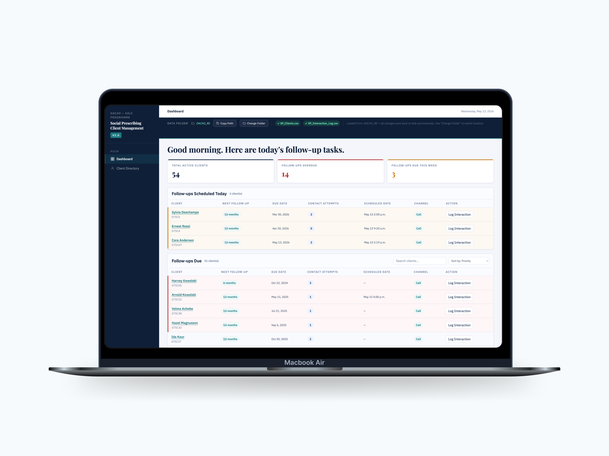 Links2Wellbeing LinkLog dashboard mockup for social prescribing follow-up management
