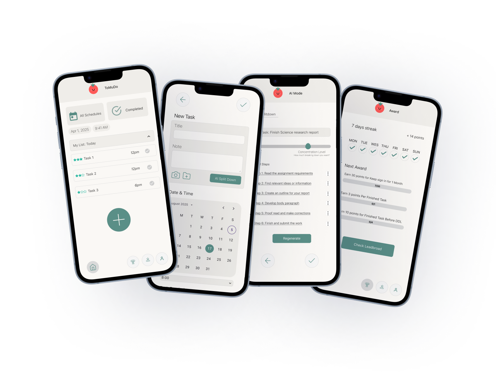 Four ToMuDo mobile app screens shown as angled phone mockups