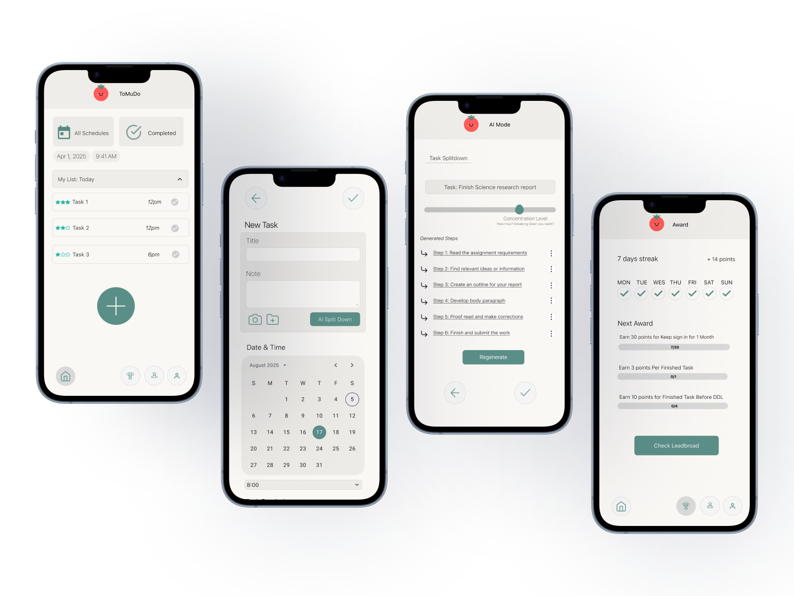 Four ToMuDo mobile app screens showing schedule, new task, AI splitdown, and awards