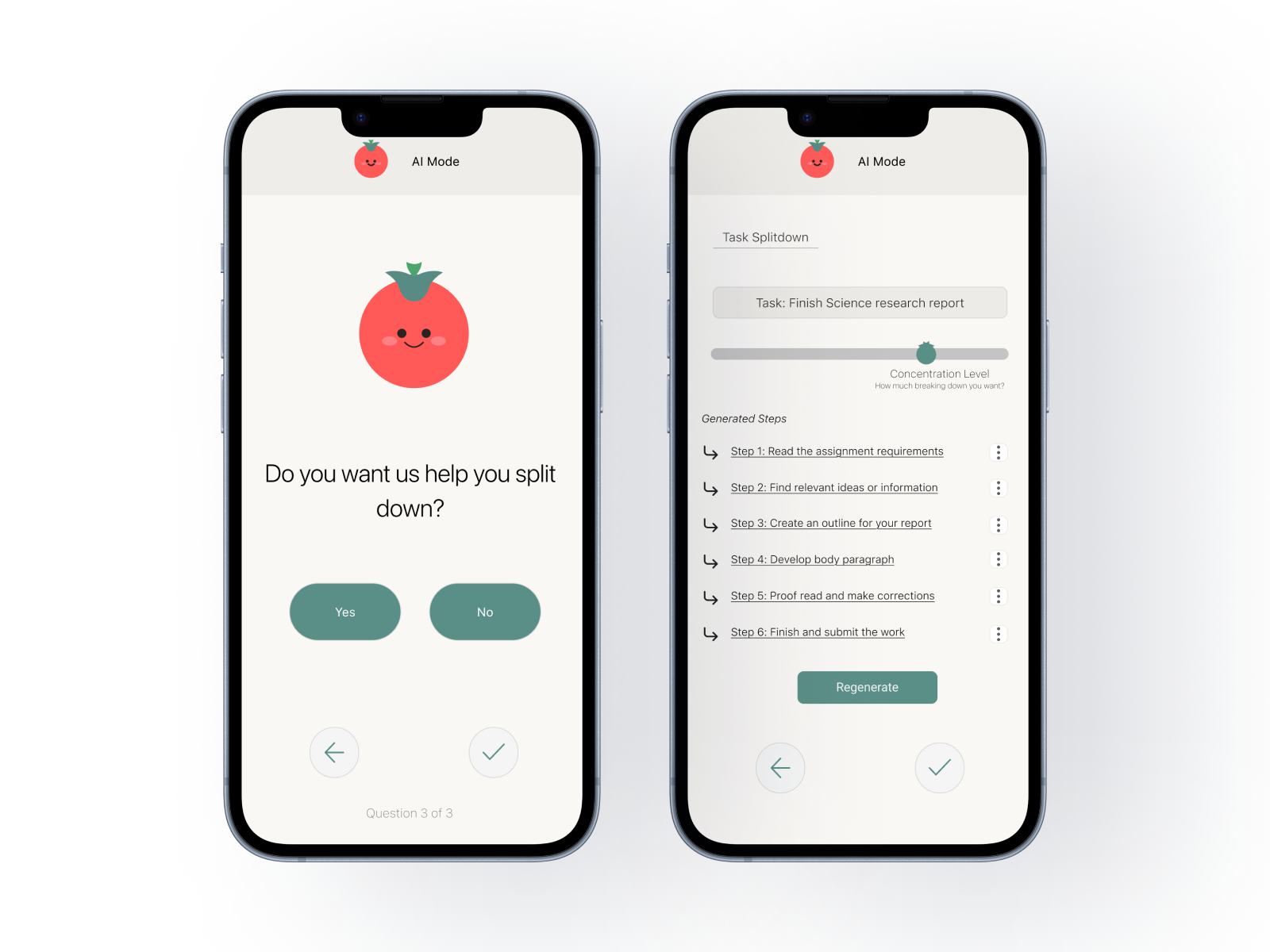 ToMuDo AI task breakdown screens showing AI question and generated task steps