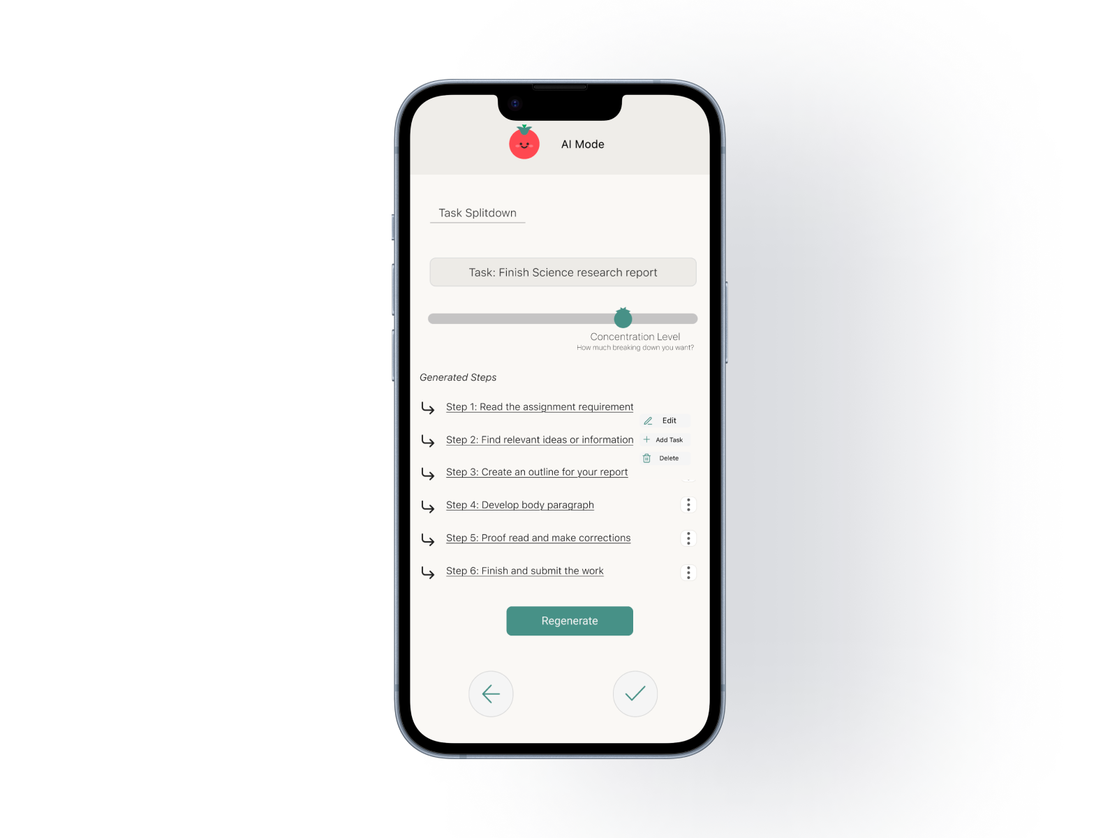 ToMuDo editable generated steps screen with edit, add task, delete, and regenerate controls