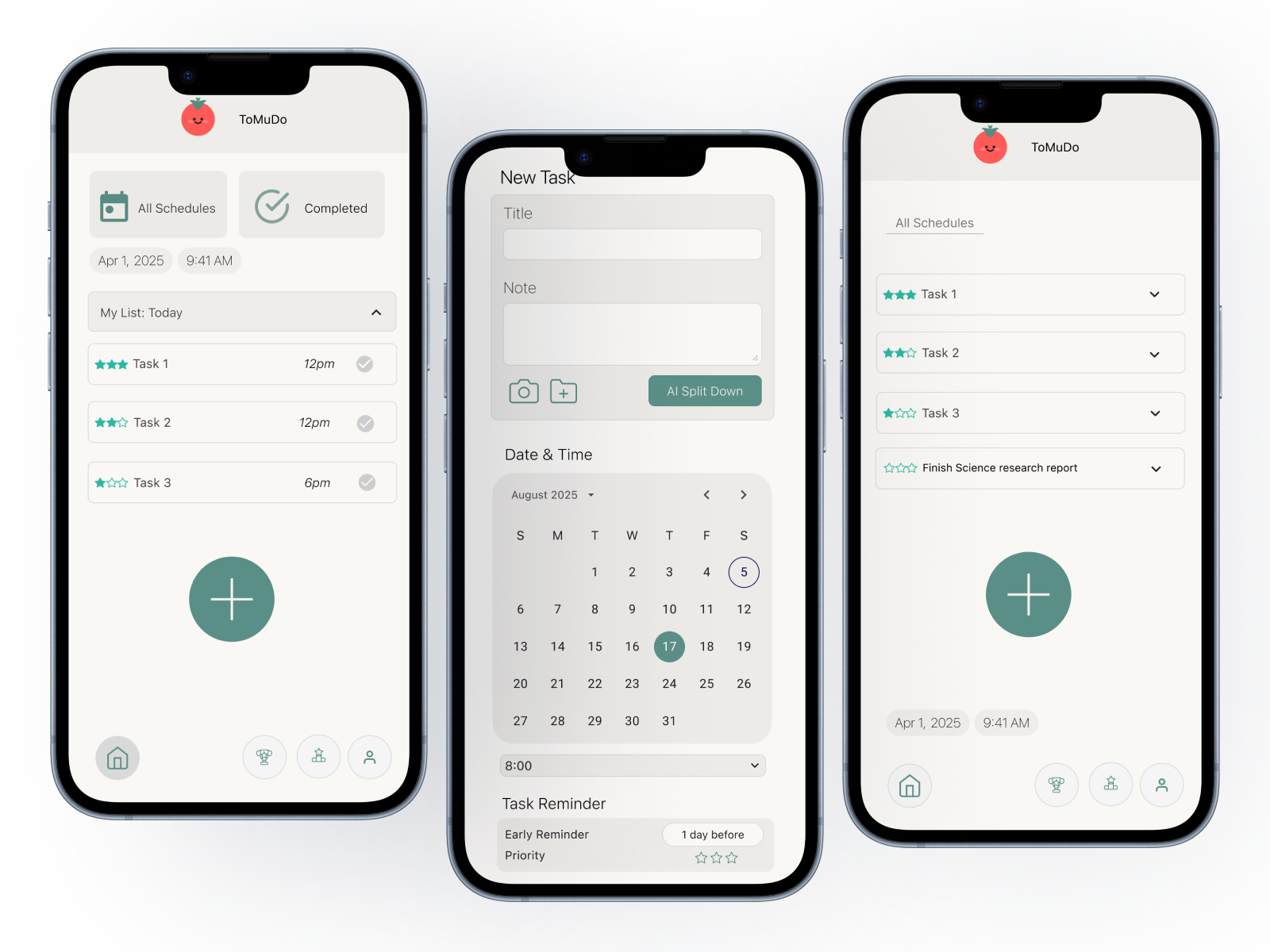 ToMuDo scheduling screens showing task list, new task date and time, and schedule overview