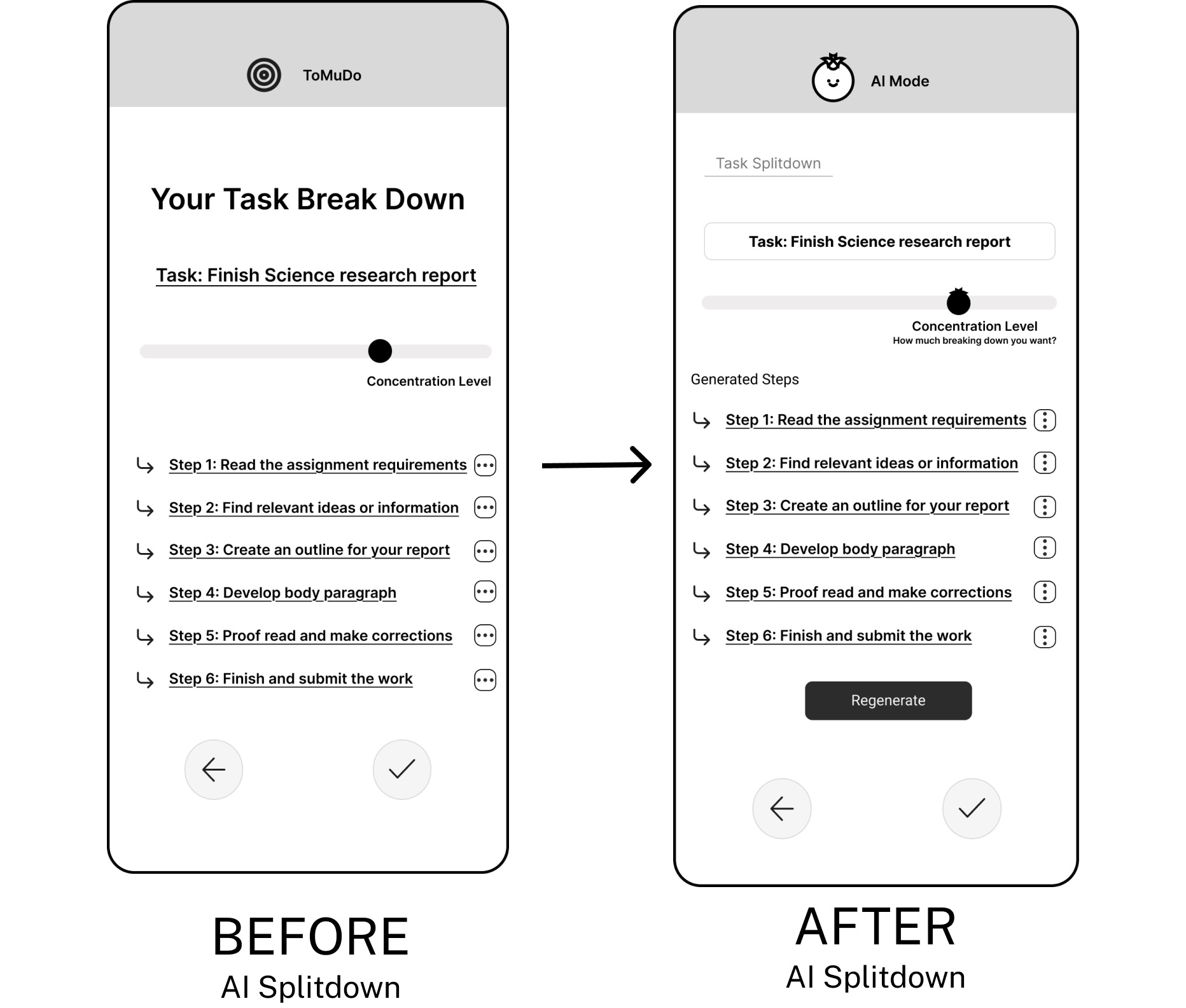 Before and after AI task breakdown screens showing clearer generated steps flow